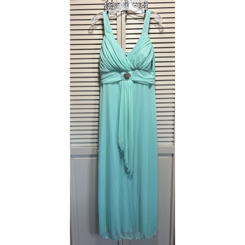 B. Smart Chiffon Mint Green Gems Gathered Straps Long Dress Size 16 Ruffle Lined